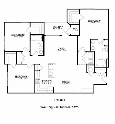 Floor plan for 3 beds, 2 baths, 1373 sqft